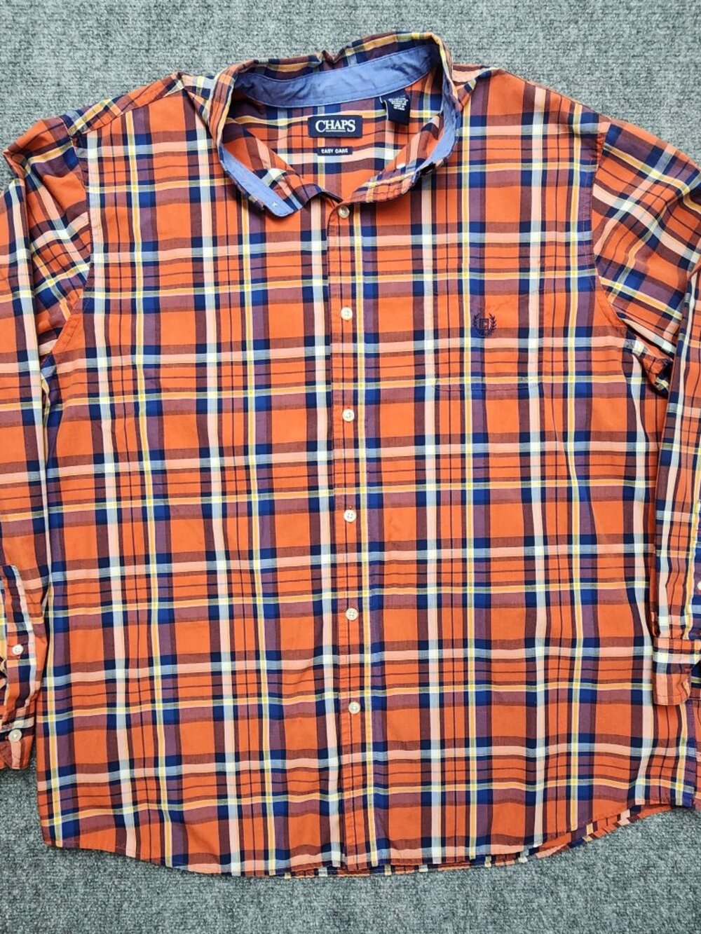 Chaps Mens XXL Shirt Plaid Long Sleeve Button Down Orange Blue Easy Care 2XL